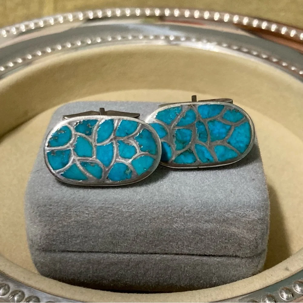 VINTAGE NATIVE AMERICAN ZUNI TURQUOISE INLAY STERLING SILVER CUFFLINKS